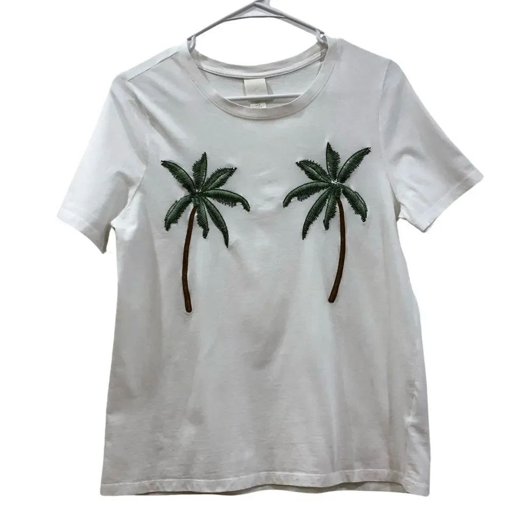 White Tee, Palm Trees, H&M, Size M